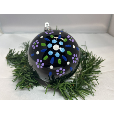 Kerstbal  zwart lila, lichtblauw, wit, groen, blauw