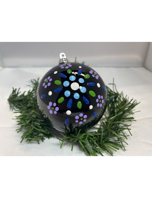 Kerstbal  zwart lila, lichtblauw, wit, groen, blauw