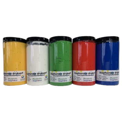 Set drukverf rood, wit, geel, blauw, groen 500 gram per kleur