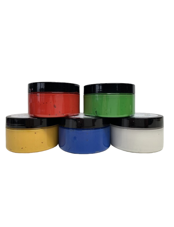 Set drukverf rood, wit, geel, blauw, groen 100 gram per kleur