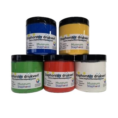 Set drukverf rood, wit, geel, blauw, groen 250 gram per kleur