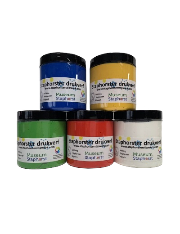 Set drukverf rood, wit, geel, blauw, groen 250 gram per kleur