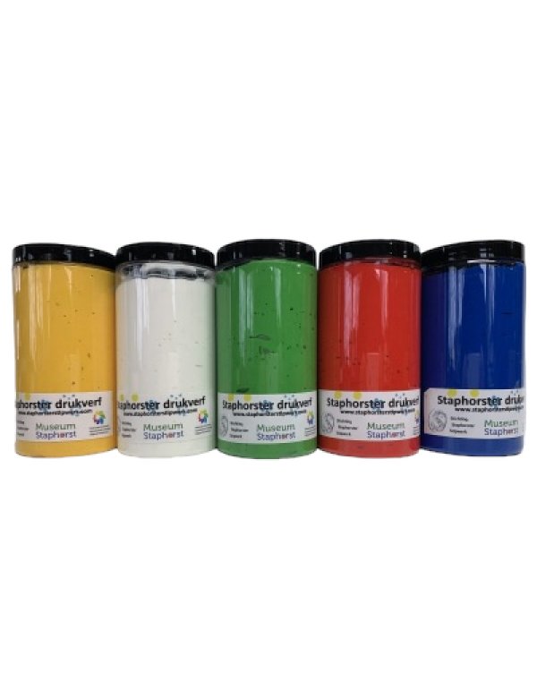 Set drukverf rood, wit, geel, blauw, groen 500 gram per kleur