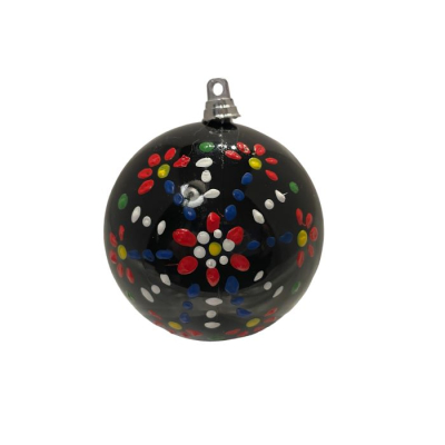 Kerstbal zwart met rood, geel, groen, wit, bauw