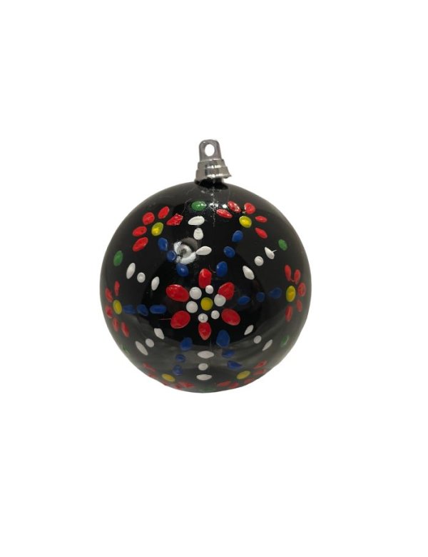 Kerstbal zwart met rood, geel, groen, wit, bauw